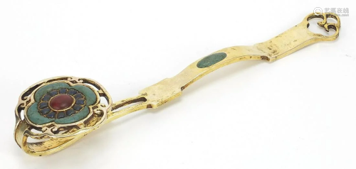 Chinese bronze and hardstone ruyi sceptre, 31cm in