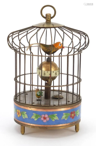 Brass clockwork automaton bird cage alarm clock with