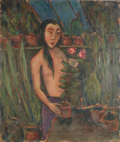Girl in a greenhouse, oil on canvas, unframed, 76.5cm x