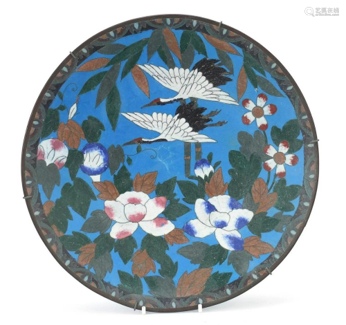Japanese cloisonné charger enamelled with two cranes