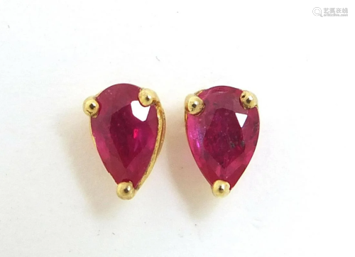 Pair of silver gilt ruby tear drop stud earrings, 6.0mm