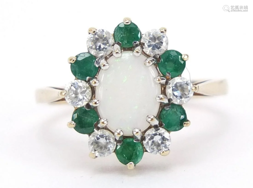 9ct gold opal, emerald and cubic zirconia ring, size J,