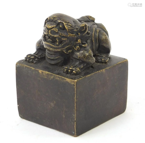 Chinese patinated bronze toad design seal, 8.5cm high