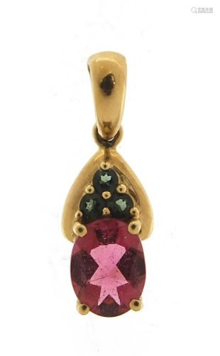 9ct gold pink and green stone pendant, 2cm high, 1.4g