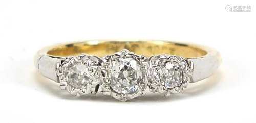 18ct gold and platinum diamond three stone ring, the
