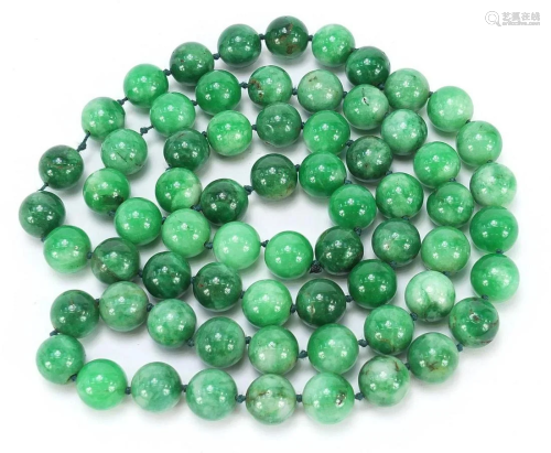 Chinese green hardstone bead necklace, possibly jade,