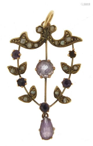 Art Nouveau 9ct gold amethyst and seed pearl pendant,