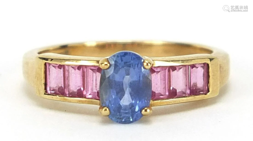 9ct gold blue and pink stone ring, size M, 3.4g