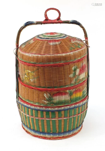 Oriental four section wicker food container hand