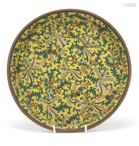 Chinese cloisonne serving tray enamelled with birds