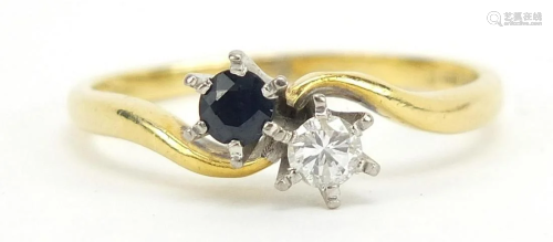 18ct gold diamond and sapphire crossover ring, the
