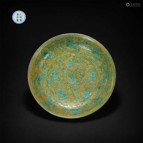 Yellow Glazed Green Plate with Branches Design from Ming