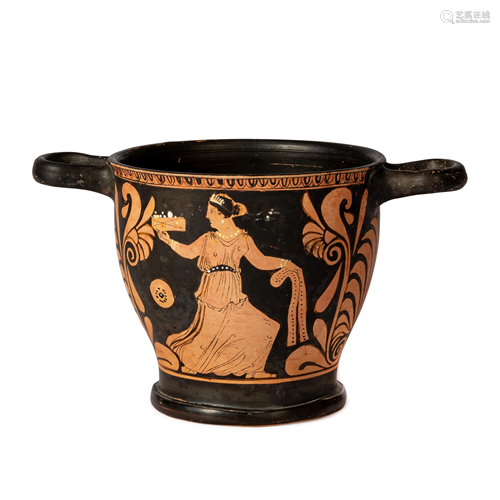 A Campanian Terracotta Skyphos Height 4 7/8 inches.