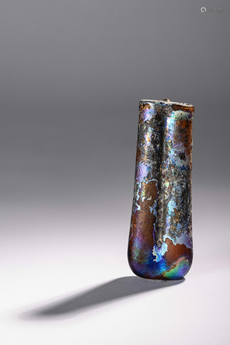 A Roman Purple Glass Double Unguentarium Height 4 1/2