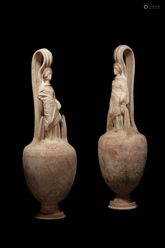 A Pair of Canosan Painted Pottery Oinochoai Height 23