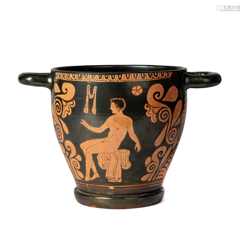 An Apulian Red-Figured Skyphos Height 8 1/4 inches.