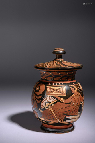 An Apulian Red-Figured Lidded Oinochoe Height 7