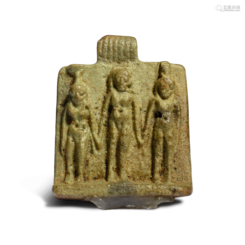 An Egyptian Faience Triad Amulet Height 1 1/2 inches.