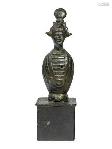 An Egyptian Bronze Canopic Osiris Height 3 3/8 inches.