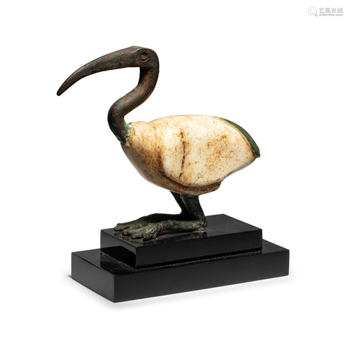 An Egyptian Bronze and Alabaster Ibis Height 3 1/2