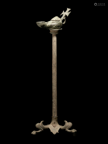 An Early Christian Bronze Lamp and Lampstand Height 23