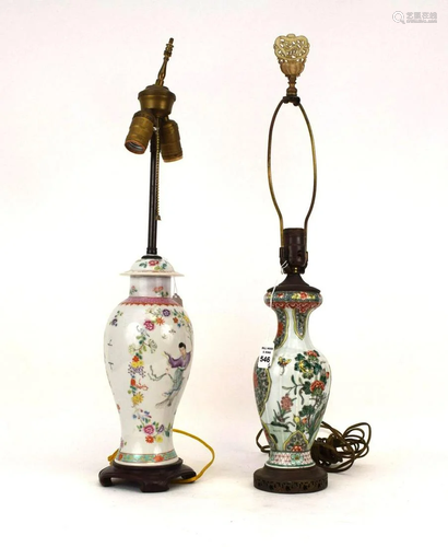 TWO CHINESE PORCELAIN VASES NOW ELECTRIFIED AS LAMPS -