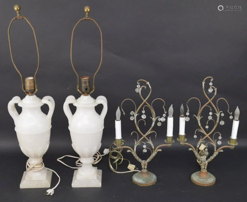 TWO PAIRS OF TABLE LAMPS OF ALABASTER AND BRASS -