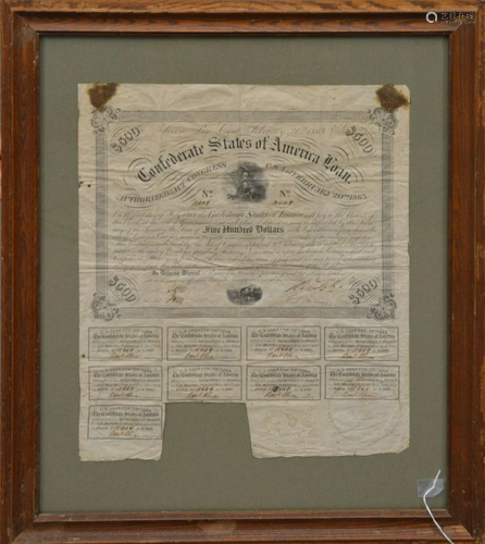 CIVIL WAR 1863 $500 CONFEDERATE BOND CERTIFICATE - …