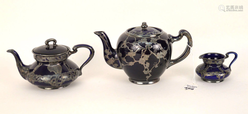 ANTIQUE 3PC LENOX COBALT SILVER OVERLAY TEA SET -