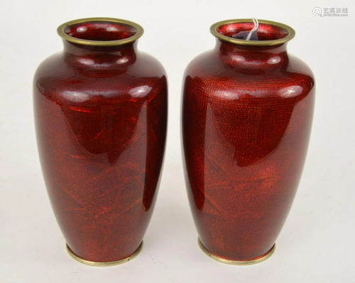 PAIR OF JAPANESE RED CLOISONNE BASSE-TAILLE VASES -