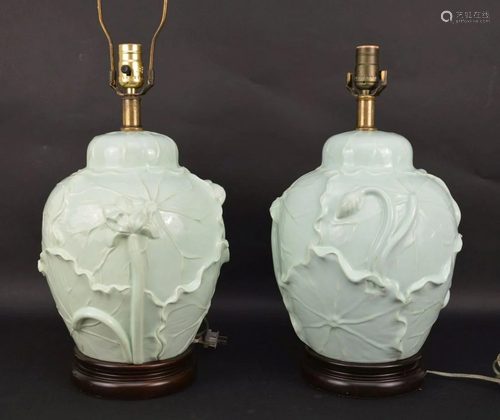 Pair Frederick Cooper Porcelain Lamps with Lily Pad