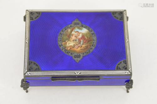 ANTIQUE AUSTRIAN STERLING COBALT ENAMEL JEWELRY BOX -