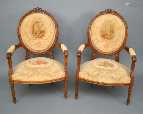 Pair Antique Needlepoint French Carved Wood Arm Chairs,