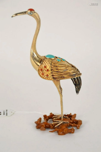 GILT SILVER & ENAMEL CRANE FIGURE WITH STONE ACCENTS-