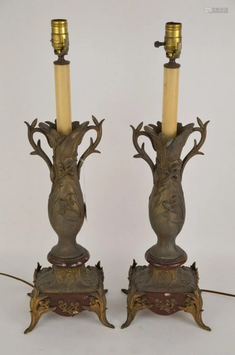 PAIR OF FRENCH WHITE METAL & MARBLE LAMPS - Iris