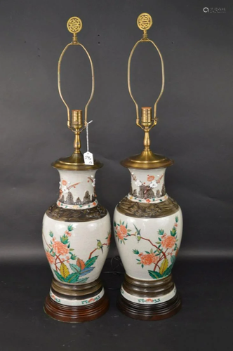 Pair Asian-Style Decorative Ceramic Lamps - Craquelure