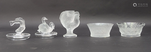 5 Lalique Articles. 1 double Swan trinket dish 4