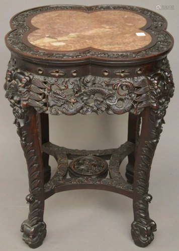 Chinese Hardwood and Marble Circular Table Clover