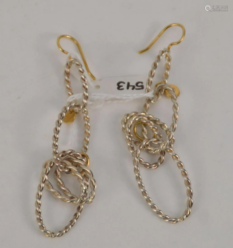 18K YELLOW GOLD AND SILVER DROP EARRINGS. 2 HOOP