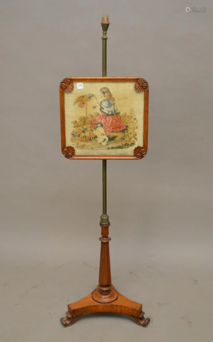 19TH CENTURY NEEDLE POINT FIRE STAND - OAK AND BRASS