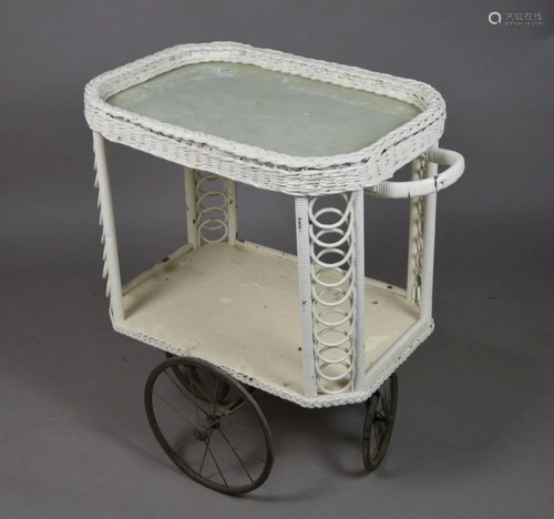 Antique White Wicker Tea Cart, Glass top with shelf