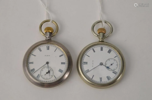 TWO ANTIQUE ELGIN SILVER PLATE POCKET WATCHES - Enamel