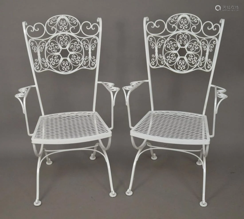 Pair white metal garden chairs, Scrolling motif, 39