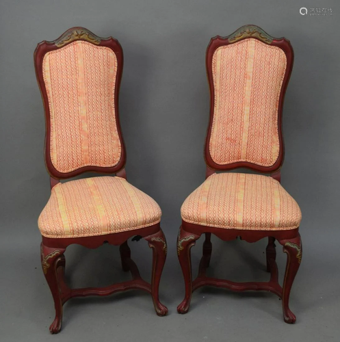 Pair Red Chinoiserie Style Chairs, back- 44 tall x 19