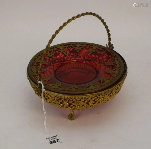 ANTIQUE CRANBERRY GLASS & GILT METAL BASKET & DISH -