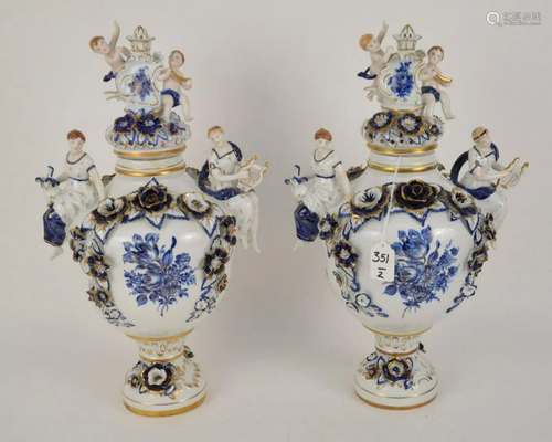 PAIR OF UNMARKED MEISSEN-STYLE COVERED URNS - 20th