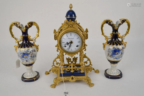 PAIR ROYAL DUX VASES WITH ITALIAN MANTLE CLOCK - 20th