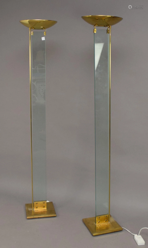 Pair Brass & Glass Contemporary Floor Lamps, 70