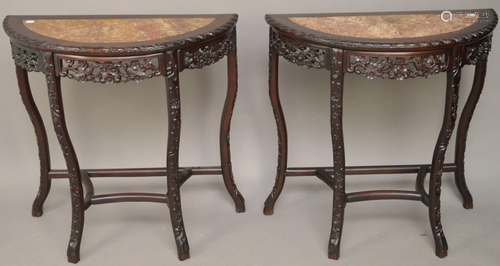 A Pair of Demi Lunes Tables - Chinese Carved Hardwood