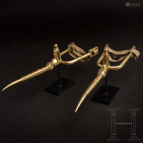 A pair of Algerian fire-gilt and coral-set spurs, 18th